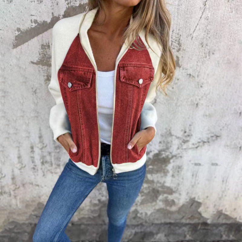 Fresh Arrivals at Buy Center: Fashion Denim Patchwork Jacket Casual Hooded Zipper Jacket Women's Clothing