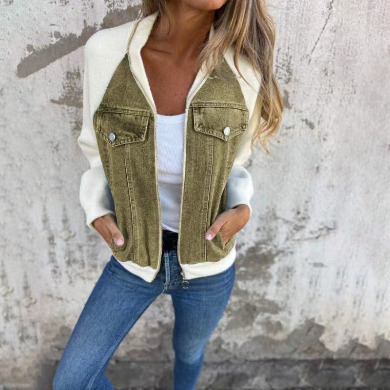 Fresh Arrivals at Buy Center: Fashion Denim Patchwork Jacket Casual Hooded Zipper Jacket Women's Clothing