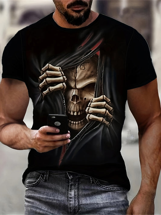 Camiseta con estampado de calavera 3D para hombre: manga corta informal, para verano y exteriores, mezcla de poliéster elástico, lavable a máquina