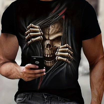 Camiseta con estampado de calavera 3D para hombre: manga corta informal, para verano y exteriores, mezcla de poliéster elástico, lavable a máquina