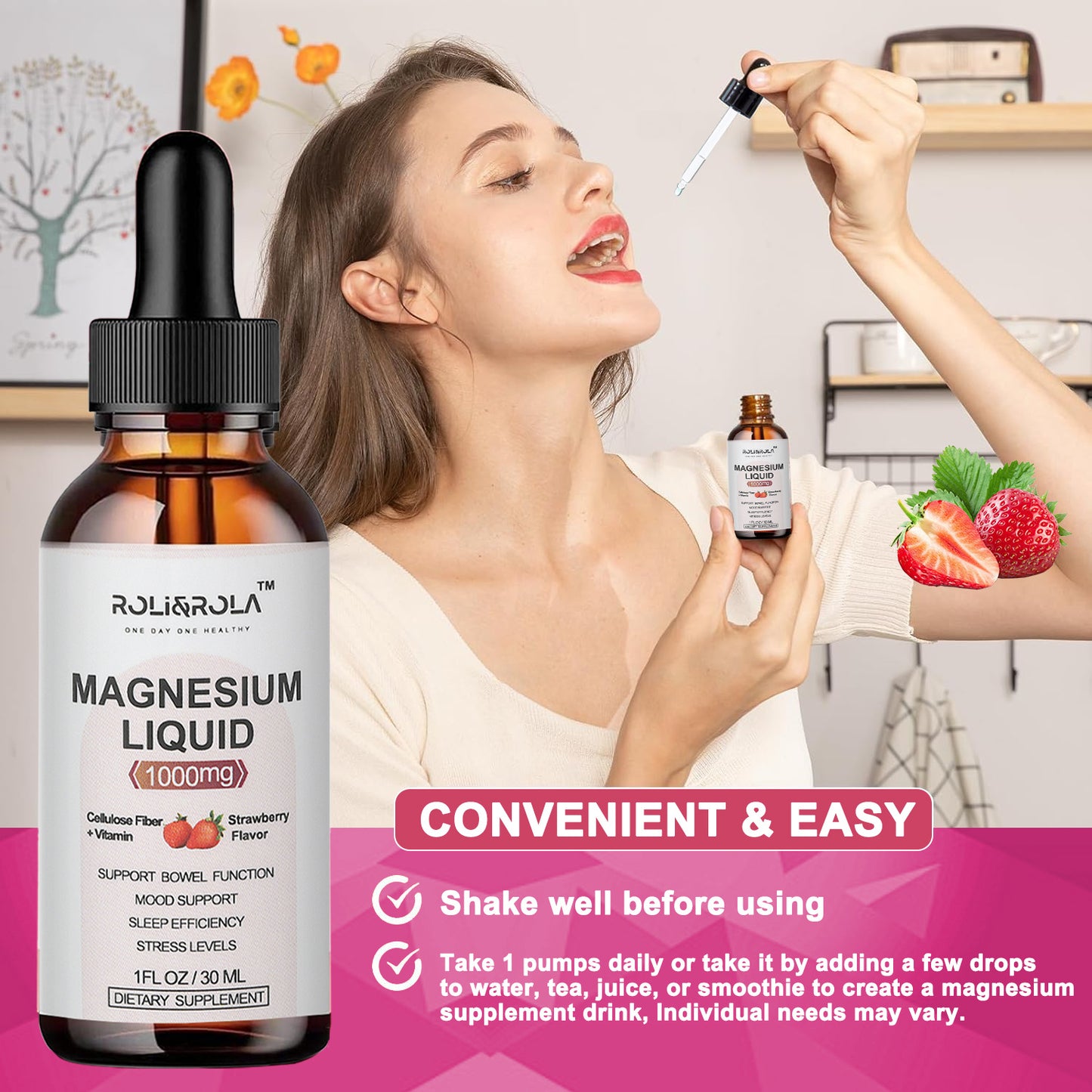 Magnesium Glycinate Liquid Drops - ROLI&ROLA With Cellulose Fiber, Vitamins B6, C, D, Zinc At Night, Digestive Health, Strawberry Flavour 30mlX2 Packets