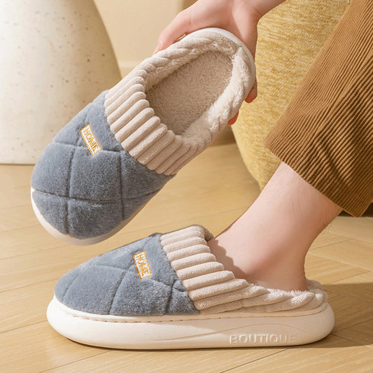 Pantuflas de felpa con costura rómbica para hombre, pantuflas de invierno cálidas y antideslizantes para el hogar, pantuflas para el dormitorio y el suelo para mujer