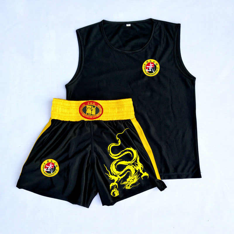 Men's And Women's Red And Black Sanda Shorts Martial Arts Dragon Pattern Boxing Suit Black