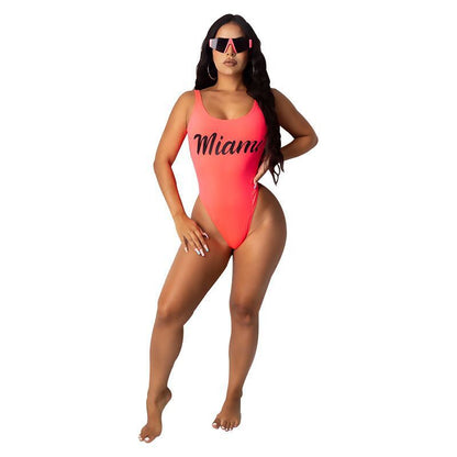 Fresh Arrivals at Buy Center: Solid Color Letter Printing Open Back Swimsuit