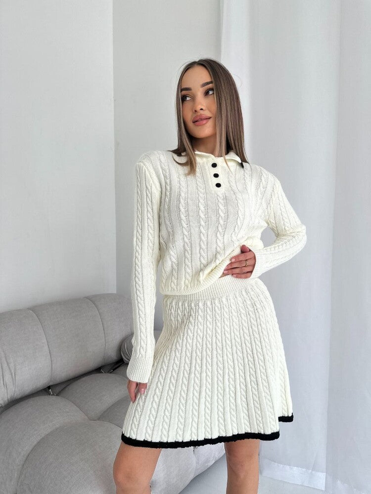 Buy Center Exclusive Offer-Long Sleeve Knitted Button Sweater Dress Suit Women White