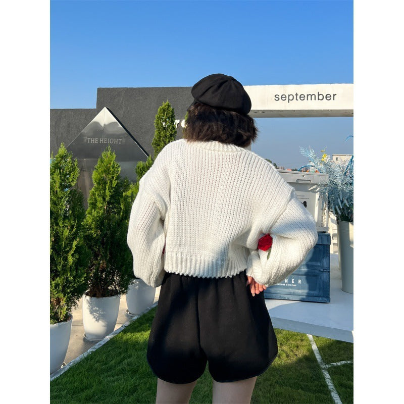 Buy Center Picks-New Knitting Needle Sweater Thick Knitted Cardigan Three-dimensional Rose Flower Sweet Coat For Women