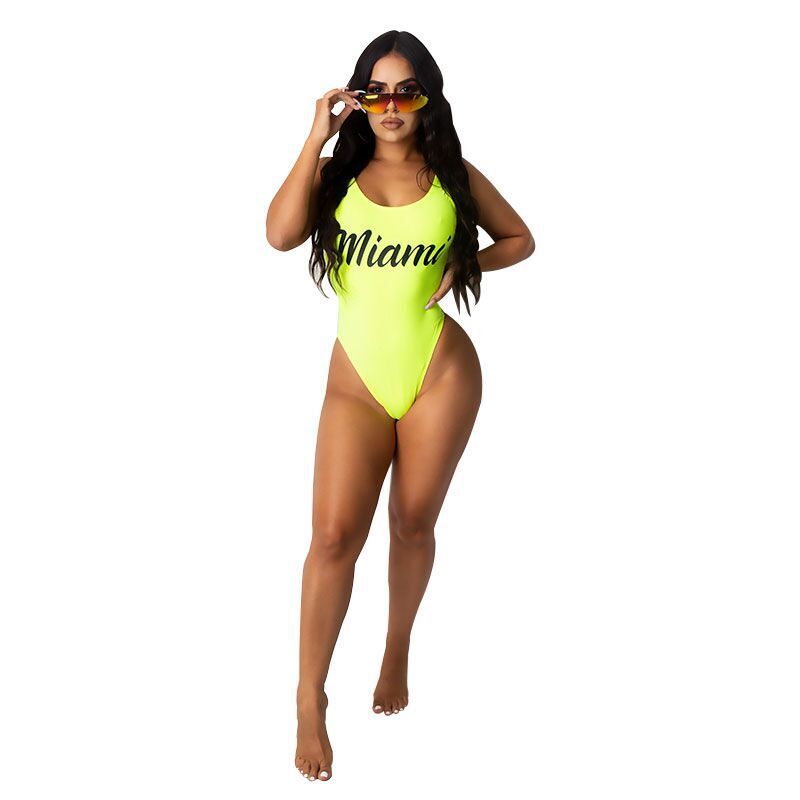 Fresh Arrivals at Buy Center: Solid Color Letter Printing Open Back Swimsuit Fluorescent Yellow