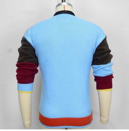 Fashion Youth Men's Knitwear V-neck Color-block Long Sleeve Pullover Buy Center