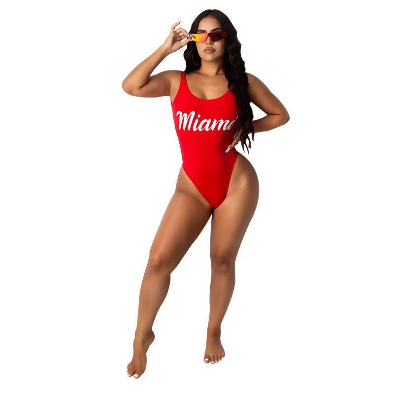 Fresh Arrivals at Buy Center: Solid Color Letter Printing Open Back Swimsuit Red