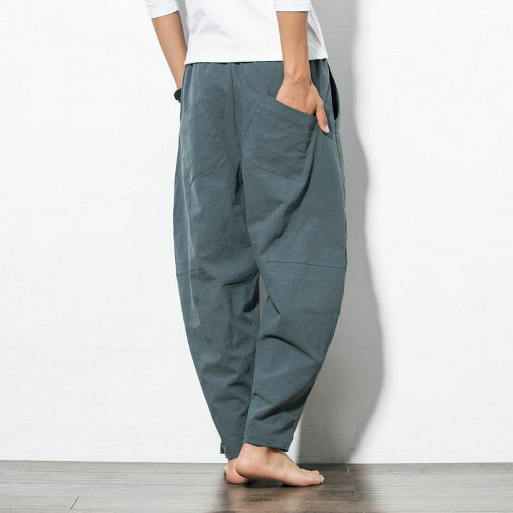 Pantalon sarouel ample en coton et lin de style ethnique hip-hop