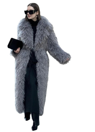 Gray Lapel Extended Plush Coat Warm Thickened Fleece-lined