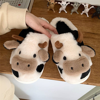 Cute Cow Animal Slipper For Women Girls Fashion Kawaii Soft Fluffy Winter Warm Slippers Woman Cartoon Milk Cow House Slippers Funny Shoes White