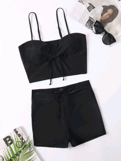 Newly Released at Buy Center: Women's Solid Color Split High Waist Boxers Drawstring Design Swimsuit