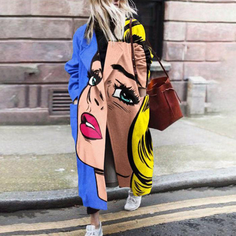 Just Arrived at Buy Center: Women's Personalized Printed Round Neck Woolen Coat Portrait