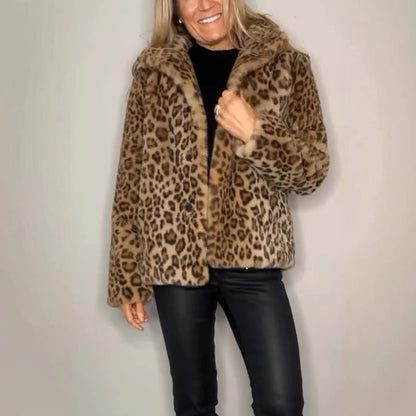 Winter New Women's Fashionable Leopard Print Lapel Faux Leather Woolen Top Buy Center