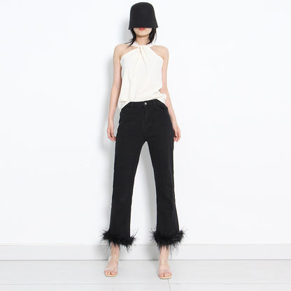 Simple Cropped Fashion Trousers Ostrich Feather Stitching Design For Women Buy Center