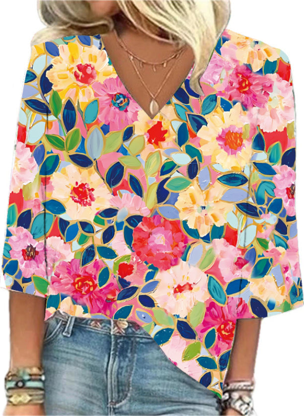 Fresh Arrivals at Buy Center: Women's European And American All-matching Printed Casual V-neck Shirt New Floral Print I