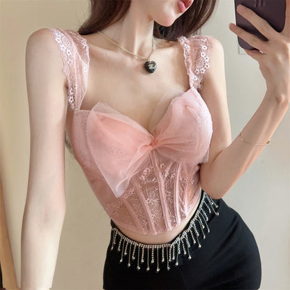 Trending Now at Buy Center: Mesh Bow Lace Camisole For Women Pink Average Size