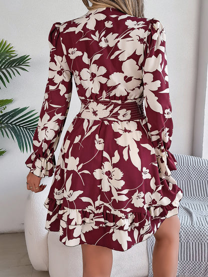 Trending Now at Buy Center: New Floral Printed V-Neck Long Sleeve Dress Fashion Ruffles Bowknot A-Line Short Dress Women's Clothing