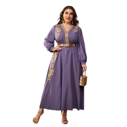 Buy Center Picks-European And American Fashion Casual Plus Size V-neck Loose High Waist A- Line Dress Purple