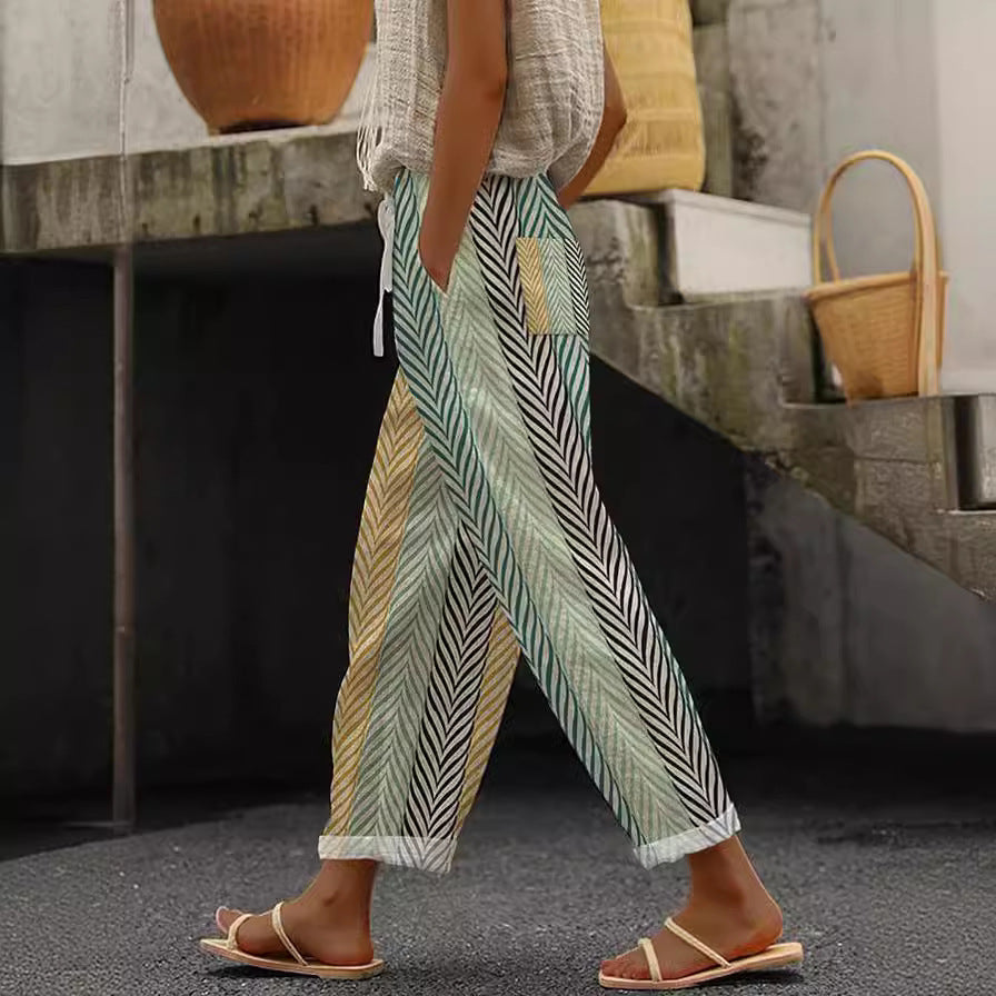 Trending Now at Buy Center: Feminine Digital Printed Minimalist Rolled Edge Casual Pants JH1122