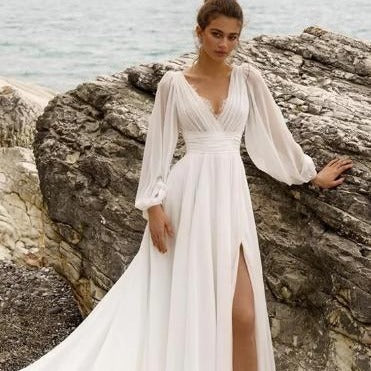 European And American High Waist Plus Size Deep V Long Sleeve Mopping Backless Wedding Dress High Slit Buy Center