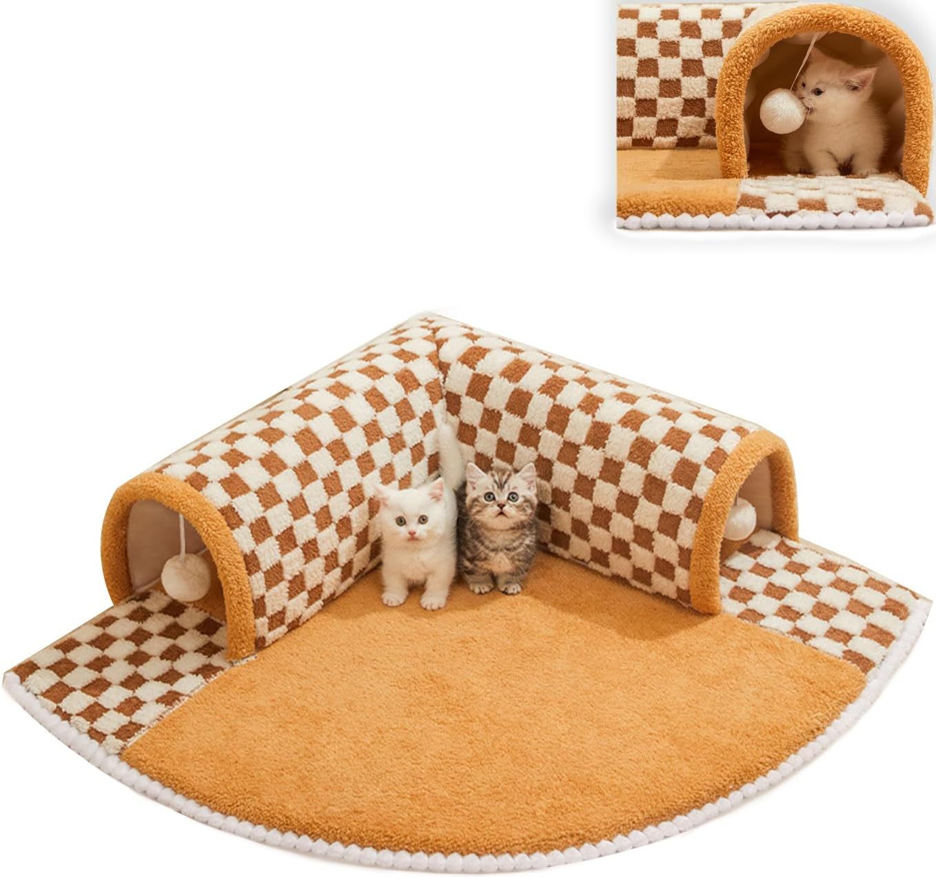 Buy Center Trend-Funny Plush Plaid Cat Tunnel Cat Bed Cat Tunnel Bed With Central Mat Plush Plaid Tunnel Cat Bed Zipper Cat Tunnel For Indoor Cats Brown