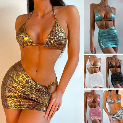 Trending Now at Buy Center: Women's 3 Piece Bathing Suits Halter Snake Pattern Bikini Set With Cover Up Skirt Summer Swimsuit