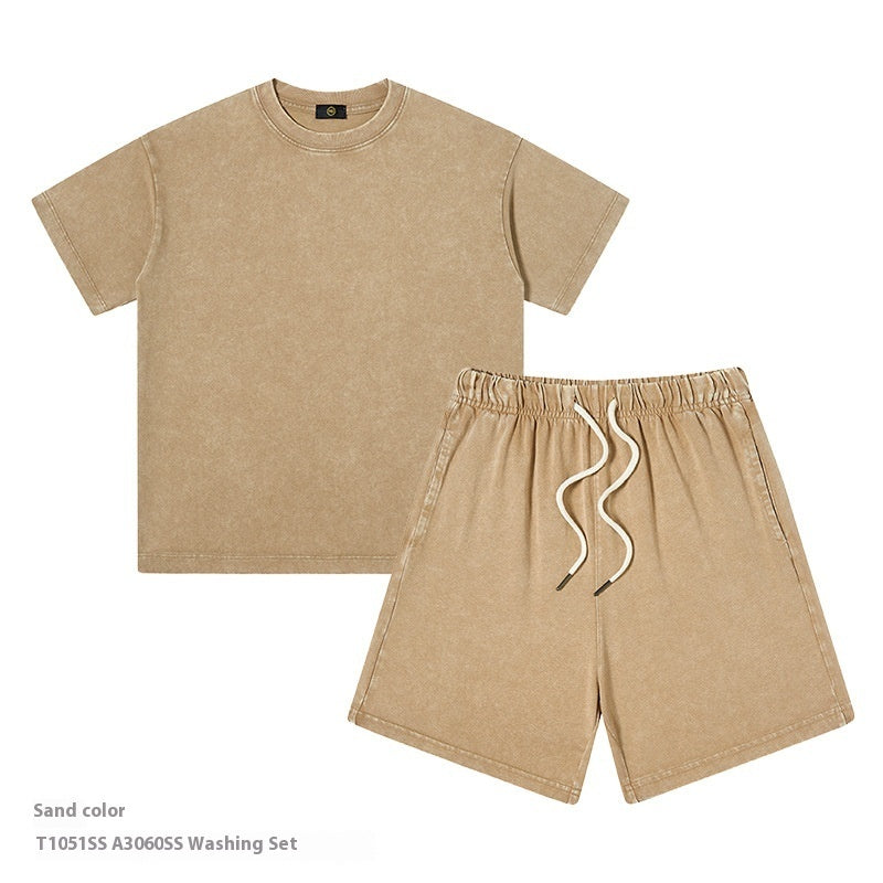 Just Arrived at Buy Center: Children's Clothing American 250g Heavy Washed Old Boys And Girls Suit Boys Two Piece Sand Color