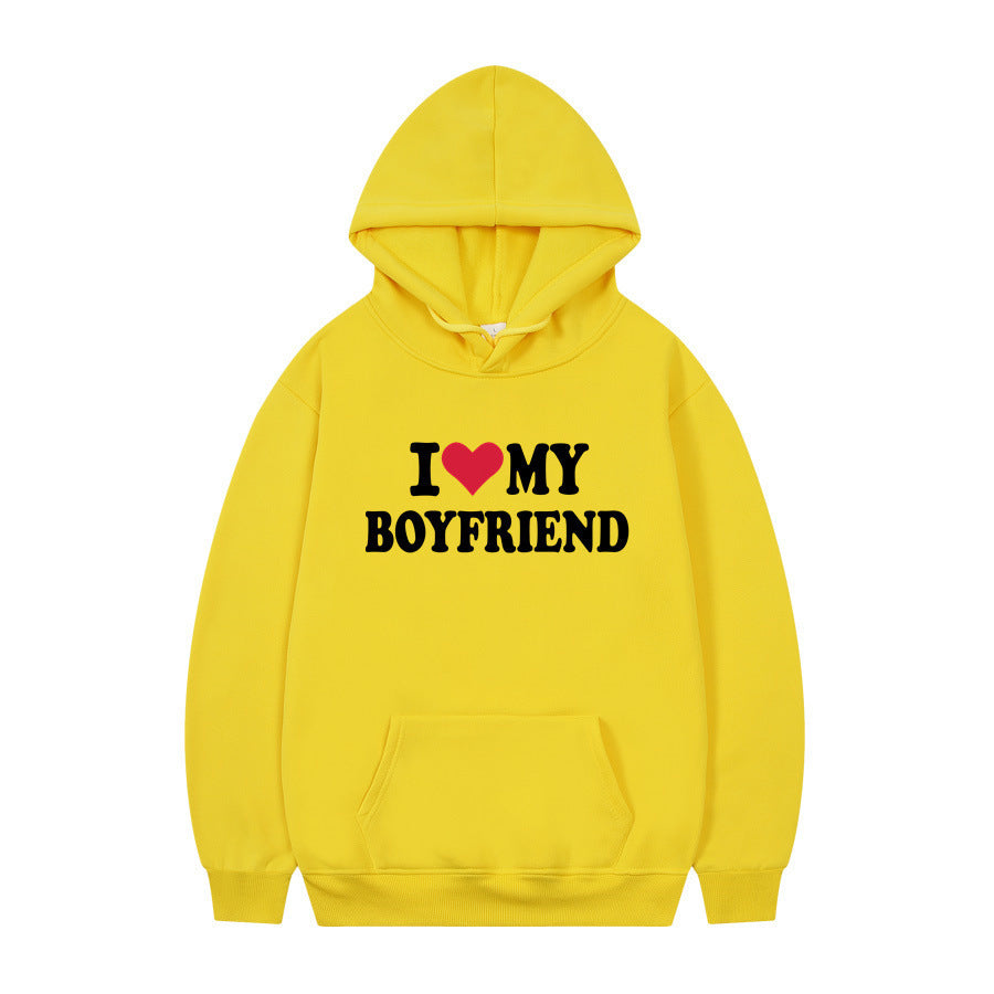 New at Buy Center: I Love My Boyfriend Print Hoodie Sweatshirt Pullover Yellow 1