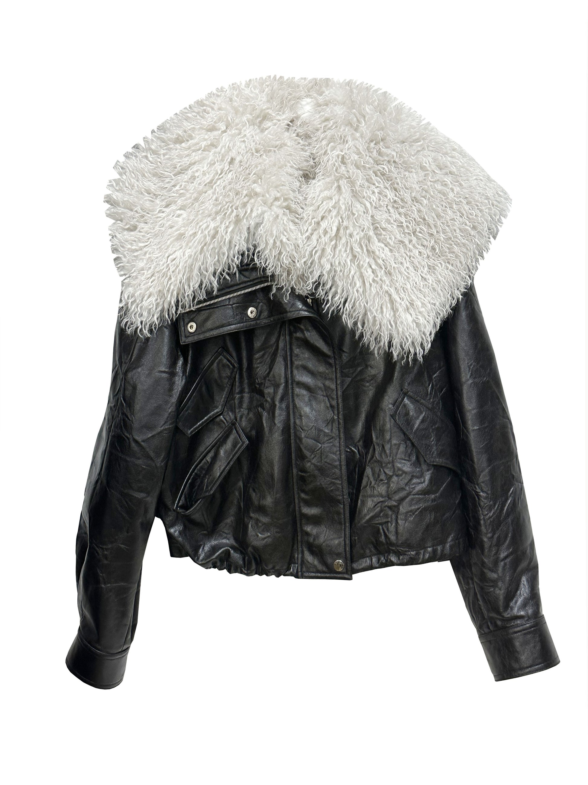 Retro Quiet Luxury Detachable Large Fur Collar Leather Jacket Buy Center