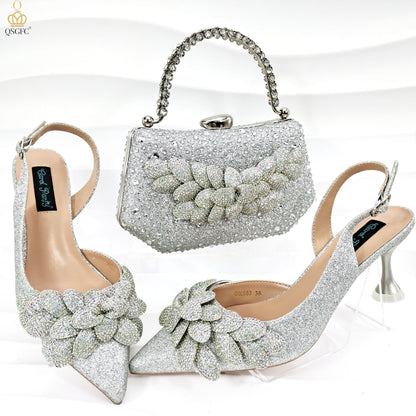 Conjunto de zapatos y bolsos de fiesta para damas transfronterizos hechos a mano con hojas decorativas y copas de vino