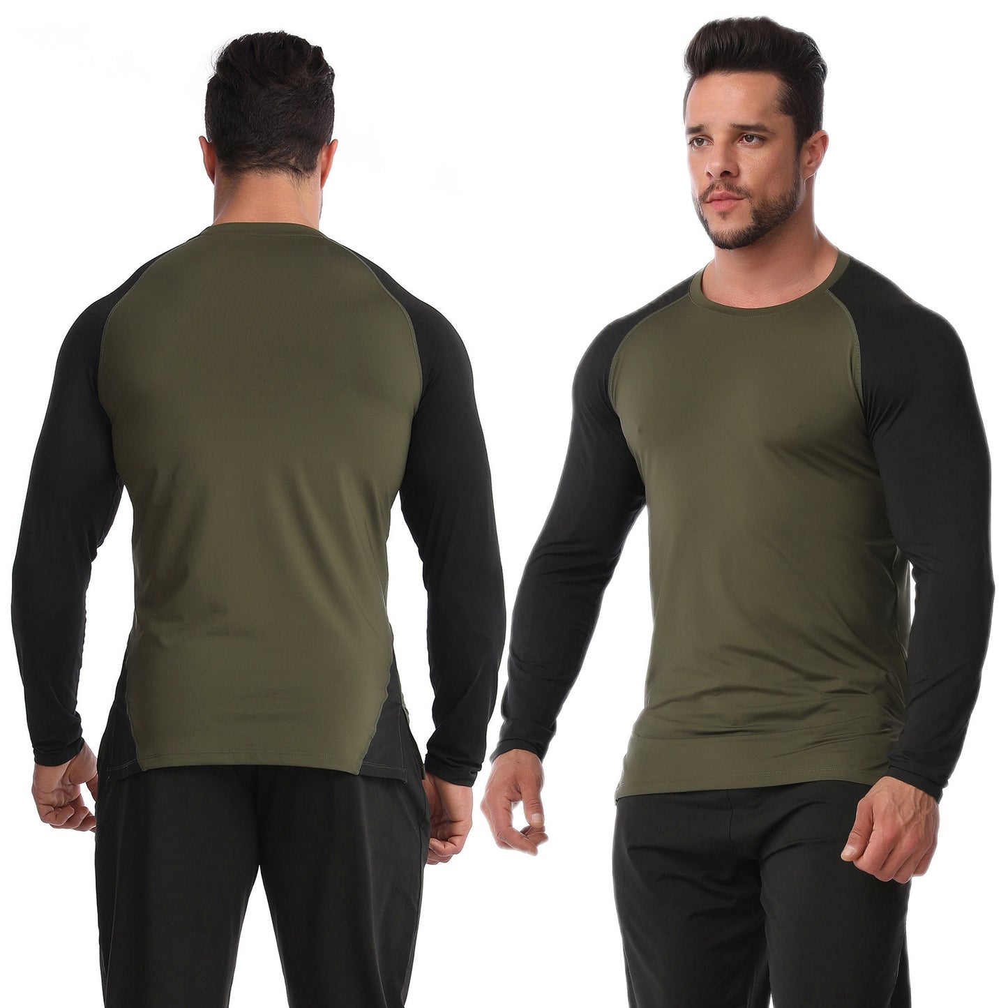 Just Arrived at Buy Center: Fitness Clothes Men's High Elastic Breathability PRO Quick-drying Army Green Black 2pcs