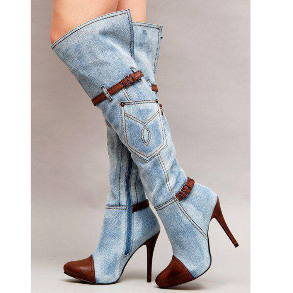 Women's Denim Plus Size Boots Stitching High Heel Knee-high Boots Buy Center