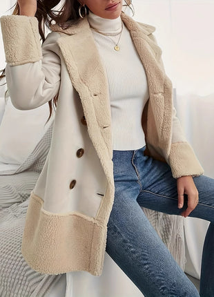 Apricot Lapel Lamb Wool Contrast Color Long Coat