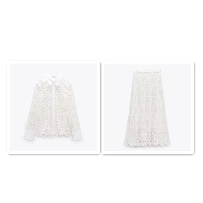 Hot New Items at Buy Center: Dignified Hollow Embroidered Lapel Shirt Skirt Suit Set L