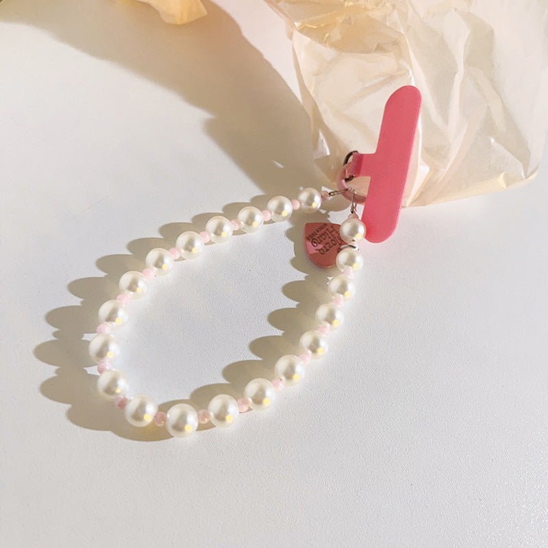 Newly Released at Buy Center: Love Hanging Pearl Crossbody Chain Wristband Wrist Strap Universal Mobile Phone Lanyard Short Rope Pink Small Clip