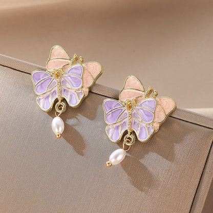 Buy Center Ultimate-French Butterfly Oil Drop Pink Fashionable Retro Hong Kong Style Earrings For Women, Gentle And Super Fairy Pearl Personality Earrings Pink