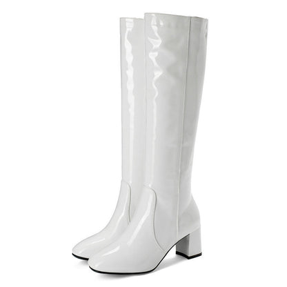 Newly Released at Buy Center: Plus Size Patent Leather High Heel Long Boots White