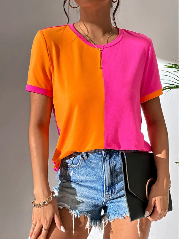 Just Arrived at Buy Center: Women's Color Matching Simple Casual All-match Round Neck Short Sleeve