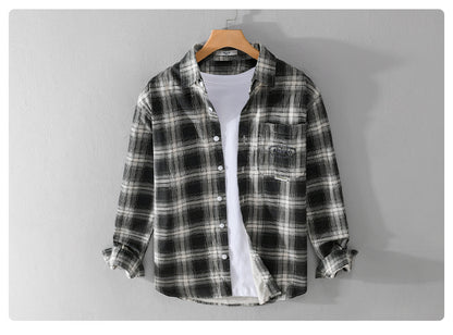 Newly Arrived at Buy Center: Cotton Plaid Long-sleeved Shirt Retro Cotton Brushed Casual Overshirt