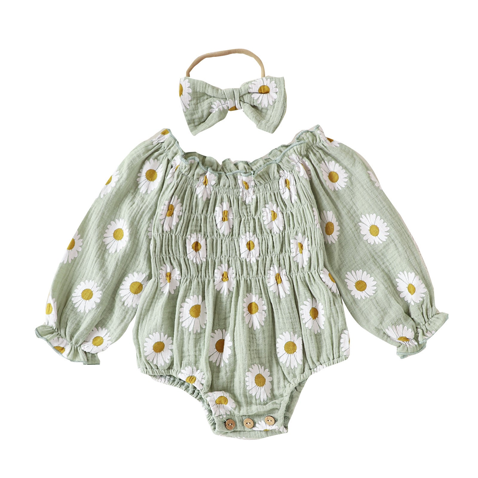 Hot New Items at Buy Center: Baby Girl Floral Long Sleeve With Headdress Overalls Green