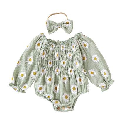 Hot New Items at Buy Center: Baby Girl Floral Long Sleeve With Headdress Overalls Green