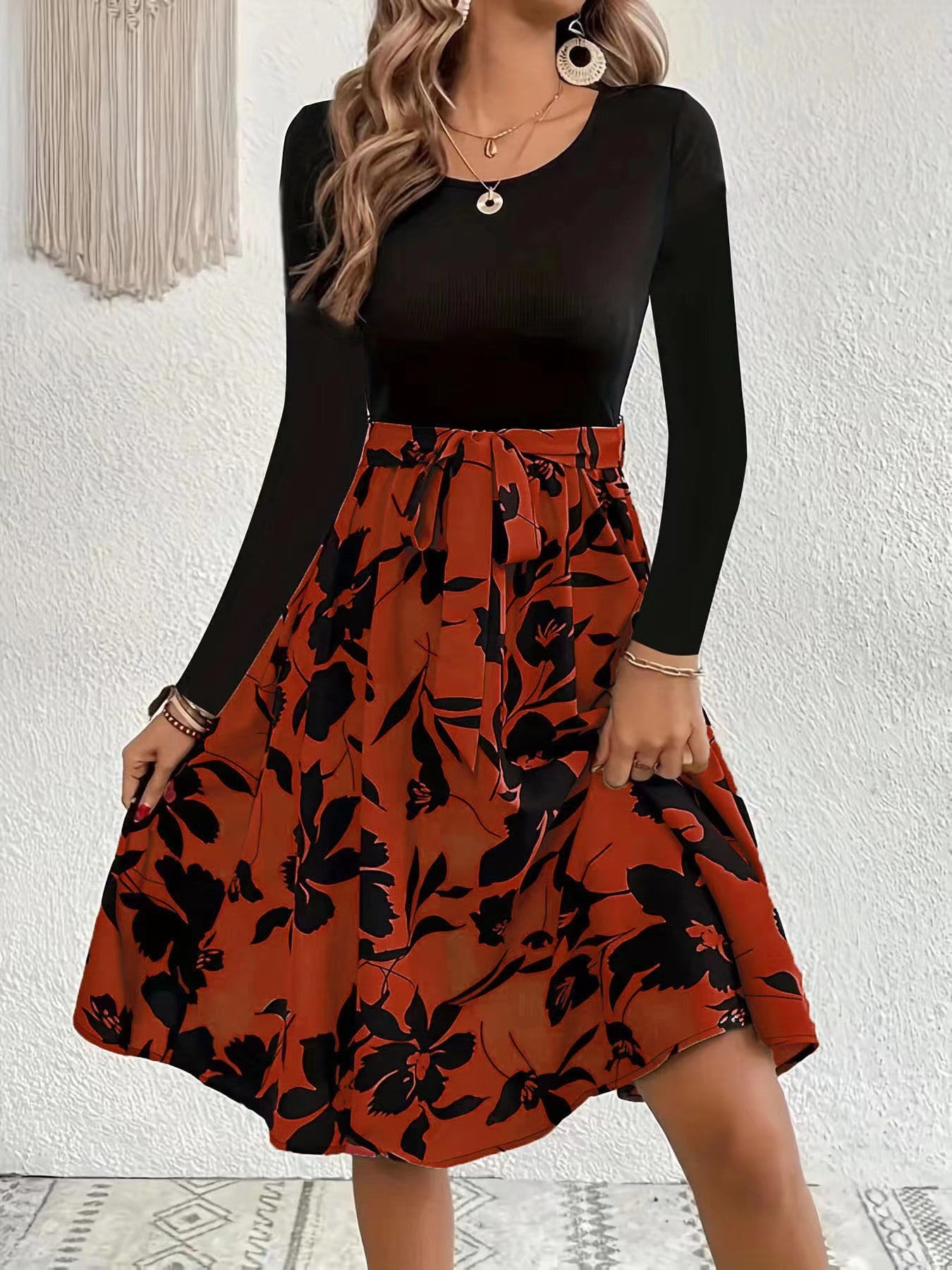 Fresh Arrivals at Buy Center: Floral Print Long Sleeve Dress Fashion Round Neck Tie Slim Dress Women's Clothing