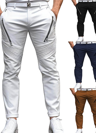 Men's Fashion Street Daily Solid Color Zipper Pleated Slim Fit Stretch Pencil Skinny Pants