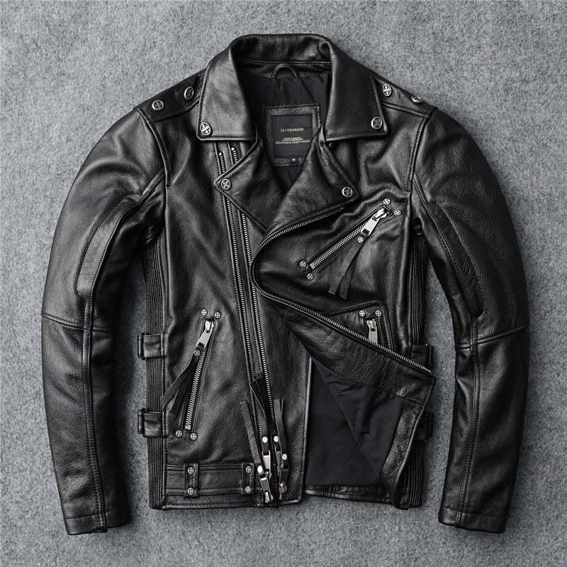 Veste de motard en cuir de vachette souple coupe slim