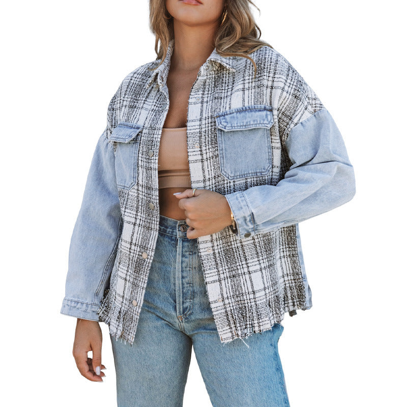 Trending Now at Buy Center: Women's Plaid Patchwork Tassel Flap Pocket Denim Jacket