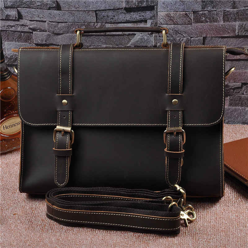 Hot New Items at Buy Center: Mens Genuine Leather Cowhide Crazy Horse Leather Handbag Dark brown