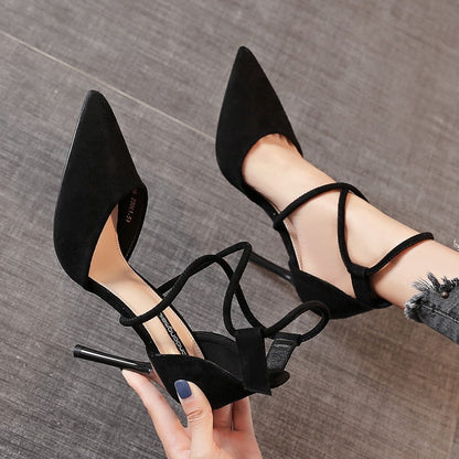 Buy Center Top Rated-Pointed High Heel Shoes Elegant Cross Lace-up Shoes Suede Black 9cm