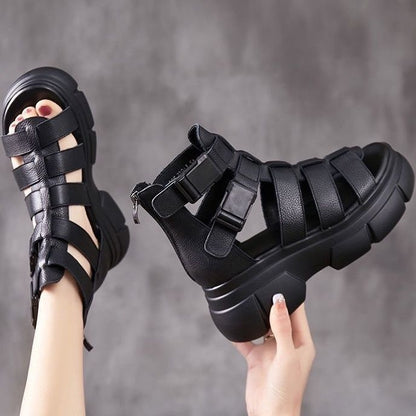 New Female Leather Hollow-out Platform Retro Stylish Women's Sandals